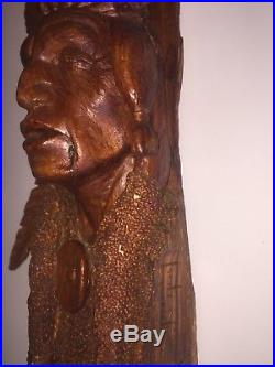 Original Bob Lundy Signed 1986 Carved Wood Indian Art Sculpture Amazing