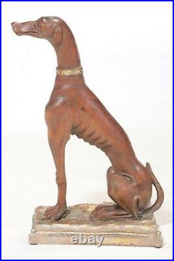 Original Large Vintage Carved Wood Sculpture-Sitting Greyhound with Collar & Base