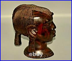 Original Vintage Signed Antique African Ebony Carved Female Head Bust Statue