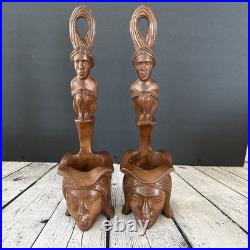 PAIR Vintage Wood Sculpture Hand Carved Ceremonial Offering Bowls Philippines