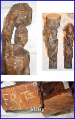 Pair 2 Original Hand Wood Carving Vintage Decor FRITZ Folk Art Male Female Drum
