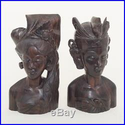 Pair 2 Vintage Bali Carved Wood Sculpture Busts Hardwood Tribal Man Woman 12