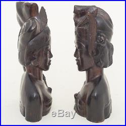 Pair 2 Vintage Bali Carved Wood Sculpture Busts Hardwood Tribal Man Woman 12