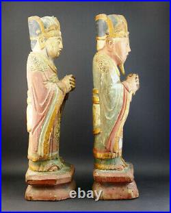 Pair Antique Chinese Carved Wood Polychrome Painted Standing Officials Figures