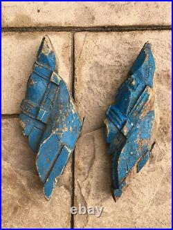 Pair Antique Vintage Large Indian Wooden Teak Horse Head Sculpture c1850 Blue