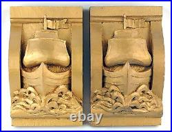 Pair Arts & Crafts Carved Wood Tall Ships Breaking Waves Corbels Wall Sculptures