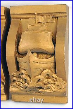 Pair Arts & Crafts Carved Wood Tall Ships Breaking Waves Corbels Wall Sculptures