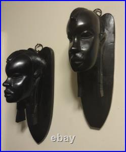 Pair Of Vintage African Heavy Ebony Wood Women Tribal Wall Sculpture
