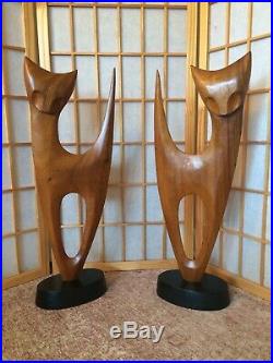 Pair Of Vintage Mid Century Siamese Cat Statues Wood Sculptures Big 2 Feet Tall
