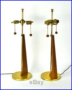 Pair Sculptural Vintage Mid Century Modern Double Socket Table Lamps Walnut