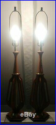 Pair VTG Mid-Century Modern Wood Sculptural Table Lamps Danish