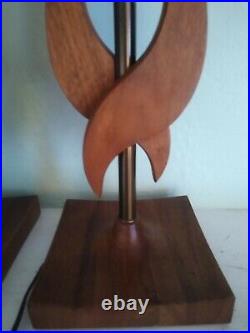 Pair Vintage Mid Century Danish Modern Sculptured Wood 22 Table Lamps Teak VGC