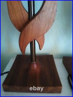 Pair Vintage Mid Century Danish Modern Sculptured Wood 22 Table Lamps Teak VGC