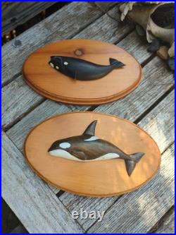 Pair Vintage Nantucket Paul McCarthy Whale Carving Plaque Wood Signed Maritime