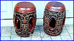 Pair Vtg Chinese Teak Garden Stools Relief Carving And Polichrome Decorations