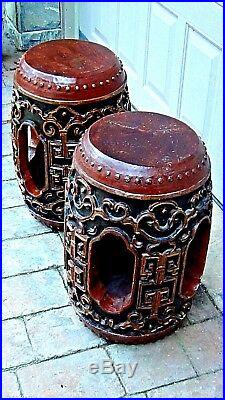 Pair Vtg Chinese Teak Garden Stools Relief Carving And Polichrome Decorations