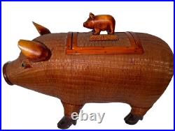 Pig Mid Century Chinese Hand Crafted Wood Wicker Pig Sculpture Box Vintage