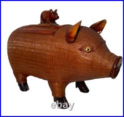 Pig Mid Century Chinese Hand Crafted Wood Wicker Pig Sculpture Box Vintage