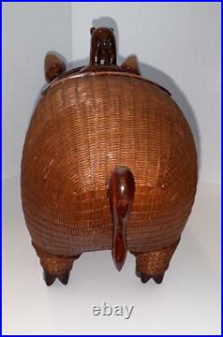 Pig Mid Century Chinese Hand Crafted Wood Wicker Pig Sculpture Box Vintage