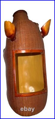 Pig Mid Century Chinese Hand Crafted Wood Wicker Pig Sculpture Box Vintage