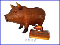 Pig Mid Century Chinese Hand Crafted Wood Wicker Pig Sculpture Box Vintage
