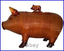 Pig Mid Century Chinese Hand Crafted Wood Wicker Pig Sculpture Box Vintage