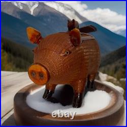 Pig Mid Century Chinese Hand Crafted Wood Wicker Pig Sculpture Box Vintage
