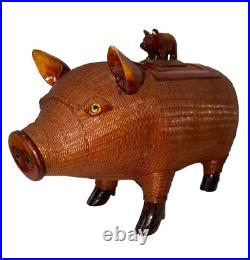 Pig Mid Century Chinese Hand Crafted Wood Wicker Pig Sculpture Box Vintage