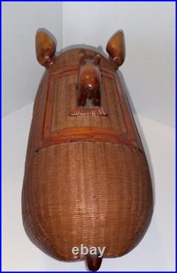 Pig Mid Century Chinese Hand Crafted Wood Wicker Pig Sculpture Box Vintage