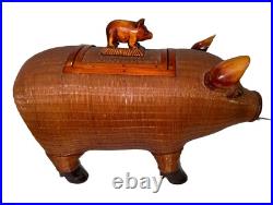 Pig Mid Century Chinese Hand Crafted Wood Wicker Pig Sculpture Box Vintage
