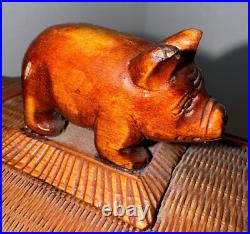 Pig Mid Century Chinese Hand Crafted Wood Wicker Pig Sculpture Box Vintage