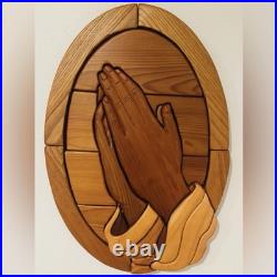 Praying Hands JESUS CHRIST Original Vintage Fine Art SOLID WOOD SCULPTURE Plaque