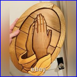 Praying Hands JESUS CHRIST Original Vintage Fine Art SOLID WOOD SCULPTURE Plaque