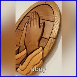 Praying Hands JESUS CHRIST Original Vintage Fine Art SOLID WOOD SCULPTURE Plaque