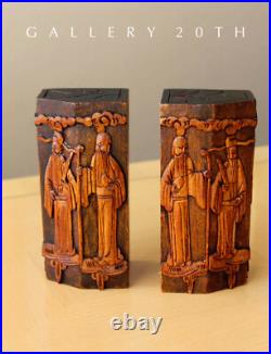 Qing Dynasty Handcarved Scholars Wood Sculpture! Bookends Ming Teak Carving Vtg