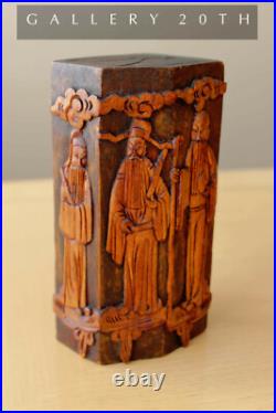 Qing Dynasty Handcarved Scholars Wood Sculpture! Bookends Ming Teak Carving Vtg
