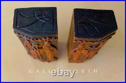Qing Dynasty Handcarved Scholars Wood Sculpture! Bookends Ming Teak Carving Vtg