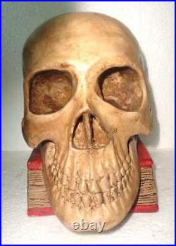 Quailty Life Size Vintage Memento Mori Hard Wood Skull On Book Carving
