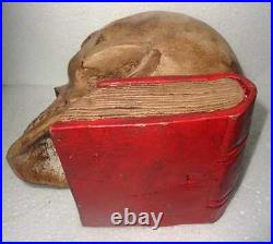 Quailty Life Size Vintage Memento Mori Hard Wood Skull On Book Carving