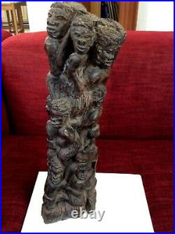 Quality Large Vintage African Wood Carving Statue, Multi Figurine, 14.4