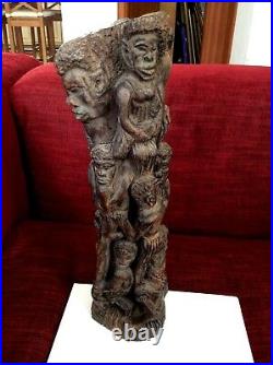 Quality Large Vintage African Wood Carving Statue, Multi Figurine, 14.4