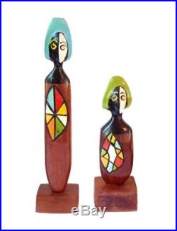 RARE Pair Vtg Mid Century ABSTRACT CARVED PAINTED WOOD Sculptures Art Totem MCM