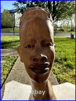 RARE Vintage Carved African Tribal woMan Head Bust Statue Black Wood Sculpture