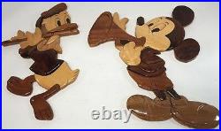 RARE Vintage Disney Wood Carvings Art Intarsias of Donald Duck + Mickey Mouse
