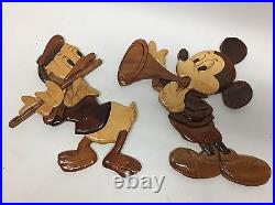 RARE Vintage Disney Wood Carvings Art Intarsias of Donald Duck + Mickey Mouse