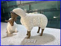 RARE Vintage Pair Of Bronze And Wood Crackle? Sheep Sculpture Figurine