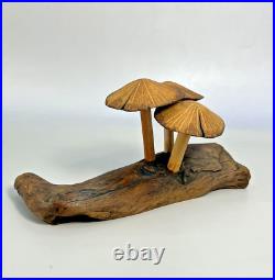 ROGER SLOAN Hand Carved Folk Art Wooden MUSHROOMS Driftwood Branch VTG SIGNED