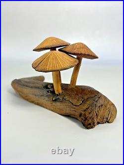 ROGER SLOAN Hand Carved Folk Art Wooden MUSHROOMS Driftwood Branch VTG SIGNED