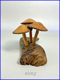 ROGER SLOAN Hand Carved Folk Art Wooden MUSHROOMS Driftwood Branch VTG SIGNED