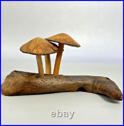 ROGER SLOAN Hand Carved Folk Art Wooden MUSHROOMS Driftwood Branch VTG SIGNED